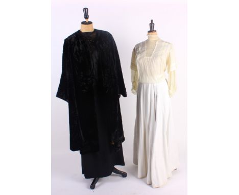 An Edwardian beaded blouse, a full-length white pique skirt, an Edwardian velvet coat, a green velvet 1920s tasselled evening