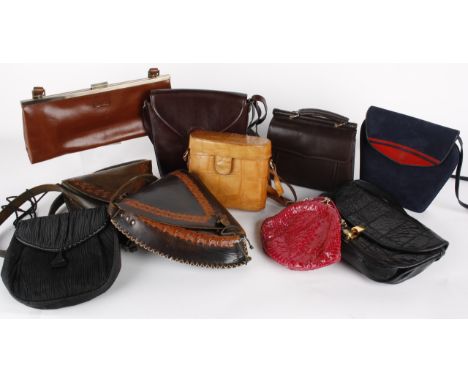 A blue suede Carvela handbag with red detail; together with a Zenith Italian bag, a pink 1980s Jane Shilton bag, a brown Louv