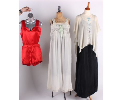 A 1930s red satin playsuit; with a collection of late 19th and early 20th century lingerie, slips, modesty fronts, and a crea