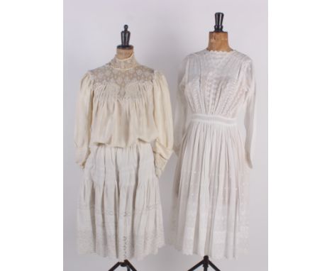 An Edwardian lawn cotton dress, together with an ivory silk lace-trimmed blouse and a white cotton petticoat skirt, (3).