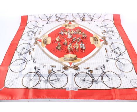 A Hermes Paris hand-rolled silk scarf - 'Les Becanes' bicycle print design by Hugo Grygkar, first issued in 1954, this re-iss