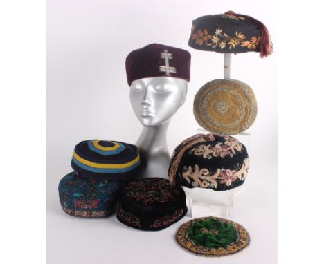 Nine Gentlemen's smoking caps, dating from the 19th and early 20th century, including: military cap, velvet embroidered and t