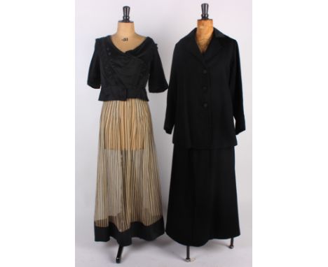 A white voile Edwardian dress and petticoat; an early 20th century fine cream and black striped skirt, an Edwardian black sat