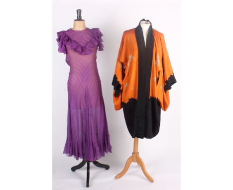 A 1930s mauve silk chiffon full-length evening dress; together with an early 20th century orange and black kimono; and an Aus