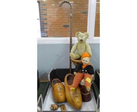 Two soft toys, a silver mounted walking stick, two bongo drums, wooden clogs, etc. 