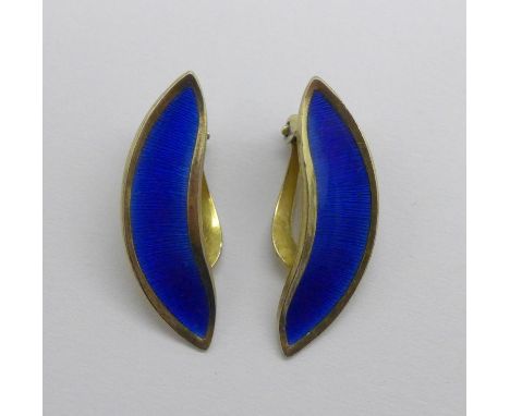 A pair of Norwegian silver gilt and blue enamel clip-on earrings, marked OSV A/S 