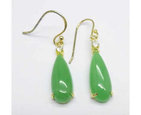 A pair of silver gilt, jade and zircon earrings 