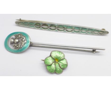 A sterling silver and enamel Scottish thistle brooch and two other enamelled brooches, large brooch a/f