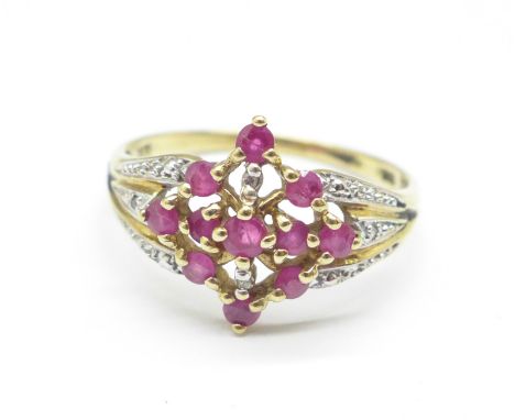 A 9ct gold, ruby and diamond ring, 2g, P 