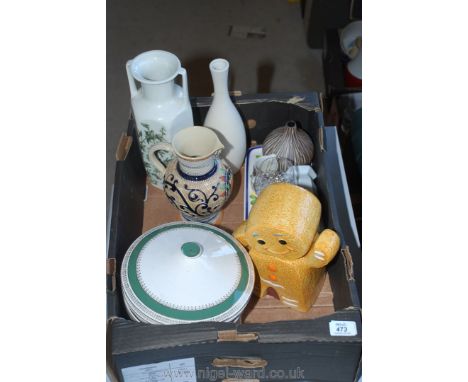 A box of china including vases, jugs, vegetable dishes, gingerbread man cookie jar, etc.
