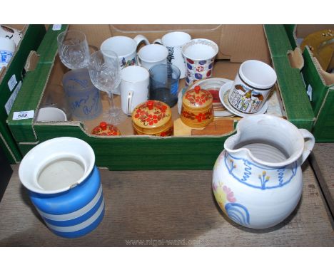 Box of various mugs, jugs, Cornish Ware, jar a/f etc.