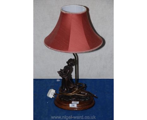 A resin table lamp of a young girl with a dog, plus shade.