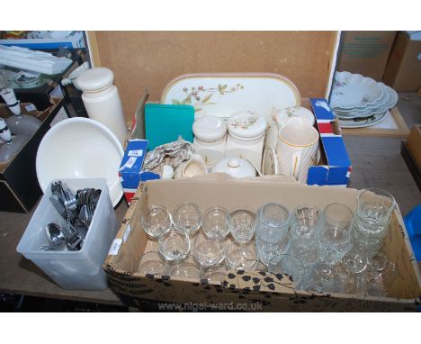 Box of various glasses, cutlery, kitchen tray, storage jar etc.