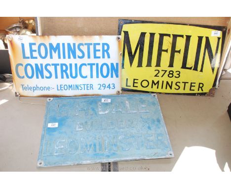 Two enamel signs and a cast sign of Leominster.