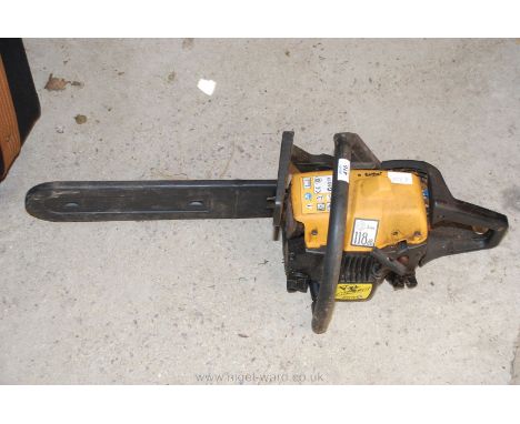 Maccat yellow petrol chainsaw complete with chain cover.