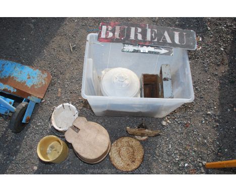 Box of miscellanea including lidded wooden tankard, scales, painters kettle, sign etc