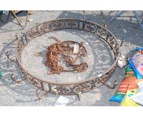 Forge made 12 branch wrought iron electrolier with suspension chains and bracket, 56'' diameter