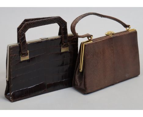 A Riviera snakeskin handbag; &amp; a similar crocodile skin handbag each with a gilt-metal clasp. 