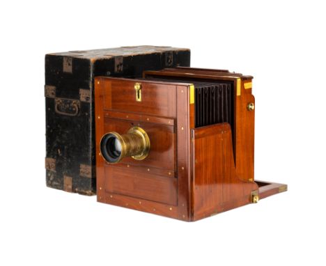 A J. H. Dallmeyer Mahogany &amp; Brass Wetplate 10 x 12 Tailboard Camera, English, c. 1860, plaque engraved 'J. H. DALLMEYER,