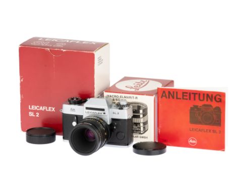 A Leica Leicaflex SL2 SLR Camera, 1975, chrome, serial no. 1440549, with Leitz Macro-Elmarit-R f/2.8 60mm lens, 1978, black, 