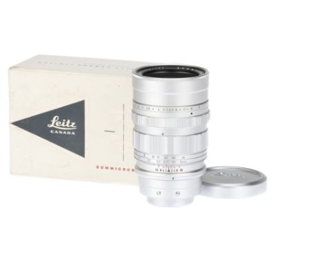 A Leitz Canada Summicron f/2 90mm Lens, 1969, chrome, serial no. 1681293, body VG, elements G-VG, some light haze &amp; dust 