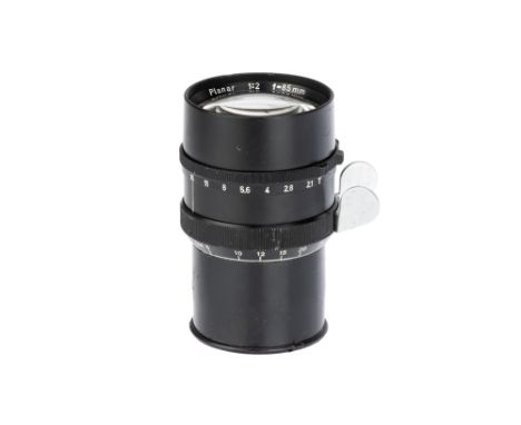 A Carl Zeiss Planar f/2 85mm Cine Lens, Arriflex mount, black, serial no. 6280962, body, VG, elements, VG-E