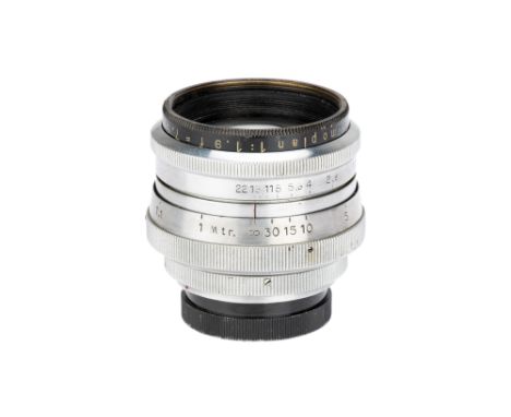 A Hugo Gorlitz Primoplan f/1.9 75mm Lens, Exakta mount, chrome, serial no. 873018, body, G, elements, VG-E, some very light c