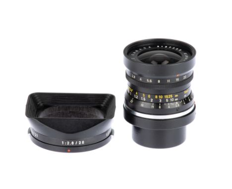 A Leitz Elmarit f/2.8 28mm Lens, 1966, first version, black, serial no. 2197059, body, VG, elements, VG-E, some very light in