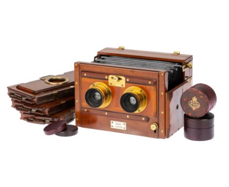 A Ross Stereo Mahogany &amp; Brass Tailboard Camera, 1890-, 6½x3¼, with two Ross Double Anastigmat f/7.7 5" lenses, serial no