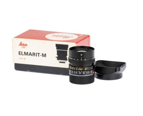 A Leitz Elmarit-M f/2.8 28mm Lens, 1986, 3rd Version, black, serial no. 3393127, body, VG, elements, VG, some internal haze, 