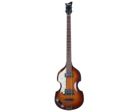 Modified Hofner 500/1 left-handed violin bass guitar, circa 1990s,, made in Germany; Finish: brunette, refinish; Fretboard: r