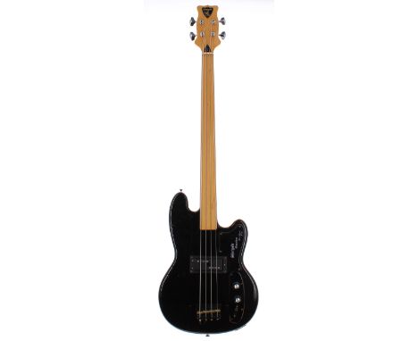 1970s Shergold Marathon fretless bass guitar, made in England, ser. no. 6xx3; Finish: black, lacquer cracking as is typical f