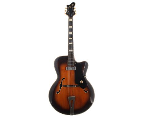 1950s Hans Frederik Jensen Single archtop guitar; Finish: sunburst, herringbone binding placed to top edge, refinishing to th