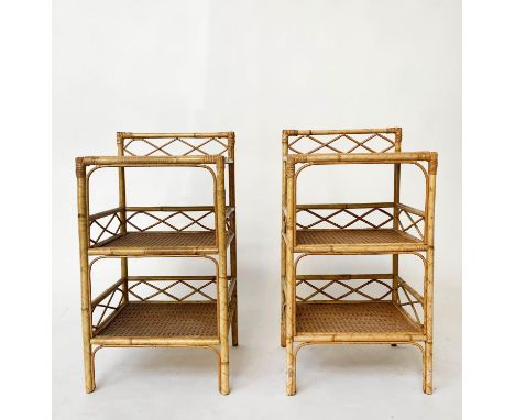 LAMP TABLES, a pair, bamboo framed, cane bound and wicker panelled, each with three tiers, 37cm x 31cm x 61cm H. (2) 