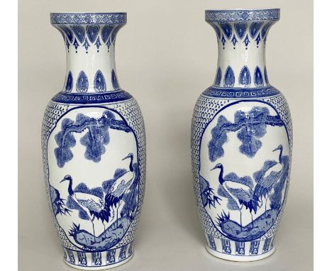 'STORK VASES', a pair, Chinese blue and white ceramic, each with Greek key and Anthemion decorated neck, 62cm H. (2) 