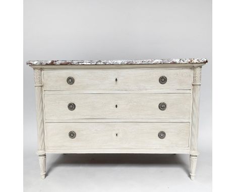 COMMODE, painted, French Directoire style, breche violette marble top above three long drawers and silvered metal mounts, 130