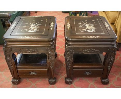 LAMP TABLES,  a pair, each with a base drawer, en suite with previous lot, 62cm H x 50cm W x 60cm D. (2) 