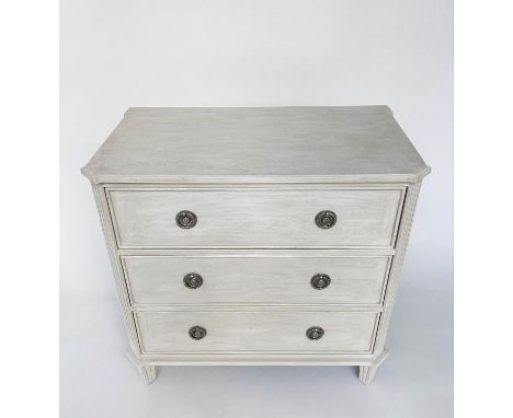 GUSTAVIAN STYLE COMMODE, traditionally grey painted, silvered handles and three long drawers, 84cm W x 47cm D x 82cm H. 