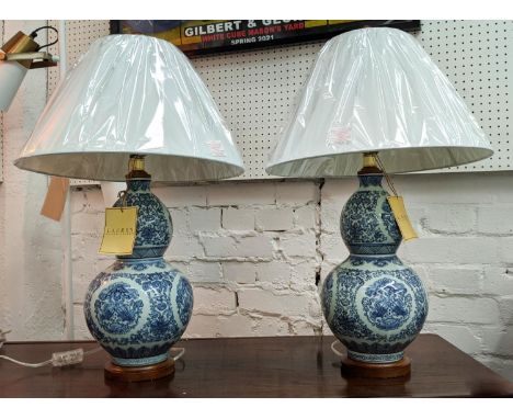 LAUREN RALPH LAUREN HOME TABLE LAMPS, a pair, 70cm H, blue and white ceramic, with shades. (2) 