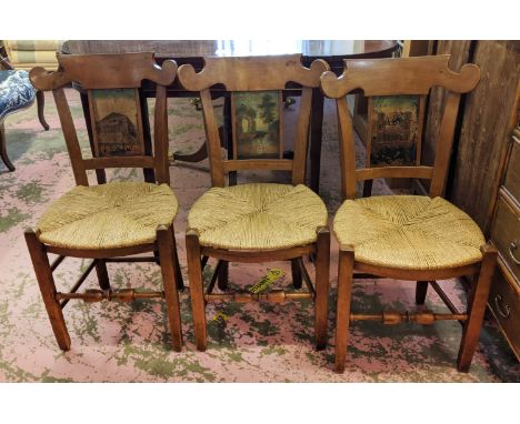 DINING CHAIRS, a set of six, 19th century Continental fruitwood with decorative print splats and rush seats, 45cm x 85cm H. (