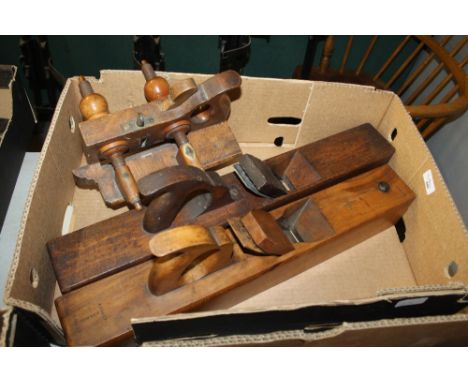 2 24" Wooden Block Planes with a Handled Sash Fillester Fenced Retate Plane - screw stem plough plane, Varvill and Son York