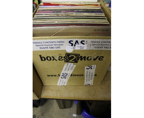 Box of mixed pop vinyl records including Roxy Music