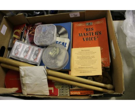 Musical Box to include vintage Columbia needles, Vintage Record Needles, Ukulele Stringss, Ephemera, Music Tapes, Blank Casse