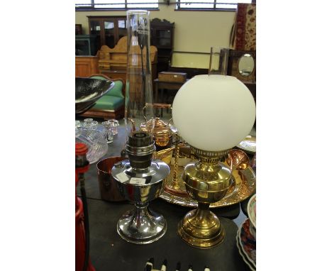 Brass Oil Lamp with Milk Glass Globe &amp; Aladdin Lamp