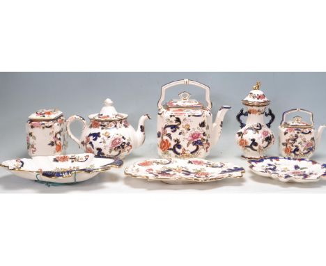 Eight pieces of Mason's Mandalay pattern ceramics to include three tea pots, tea caddy, potpourri jar dishes etc. Five pieces