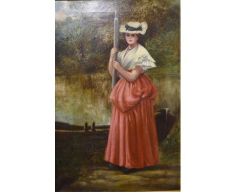 William Oliver (1823-1901), portrait of a lady and punt by a river, oil on canvas, unsigned, inscribed verso, 52 x 34cms, fra