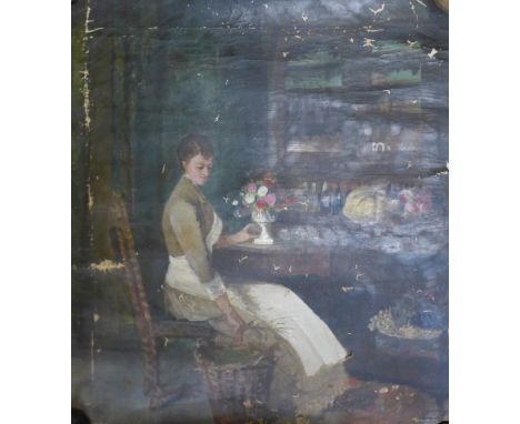 French School (mid 19th Century), portrait of a lady in a kitchen, oil on canvas, 72 x 65cms, unframed 