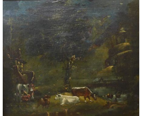 Italian School (mid 18th Century), landscape with figures and cattle by a river (fragment of a larger Old Master painting), 2