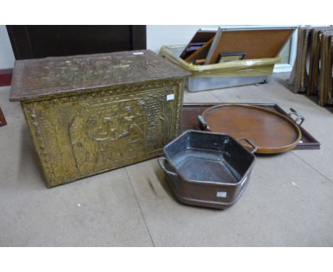 A brass coal box, two trays, a fire screen and a copper octagonal pot 