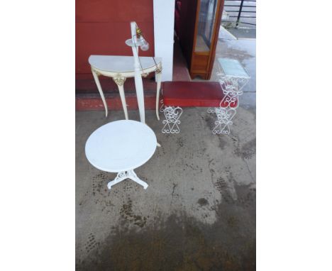 A French style cream and parcel gilt demi-lune hall table, a standard lamp, etc. (4) 